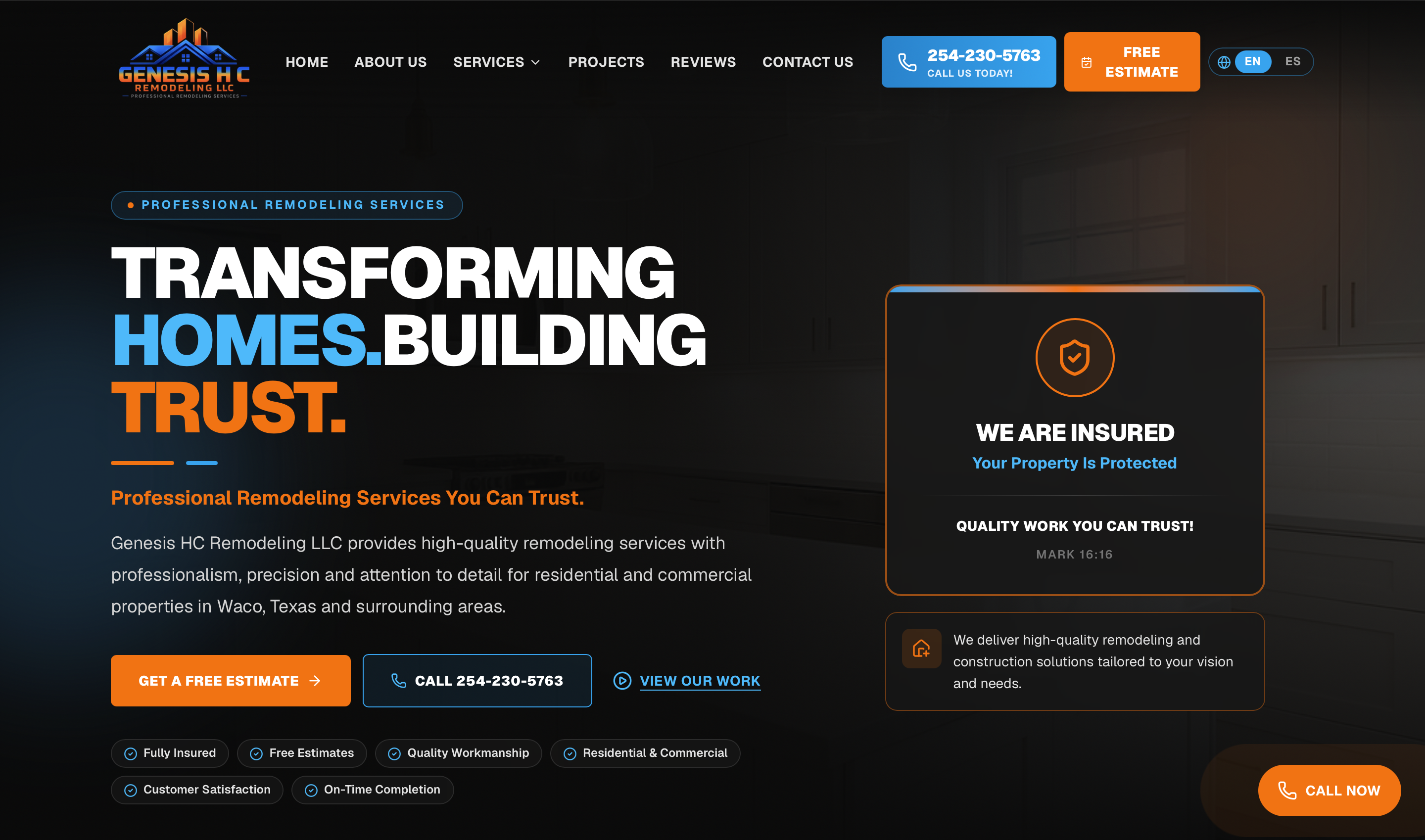 Captura de la web corporativa de HC Remodeling mostrando sus servicios de remodelación y secciones orientadas a la conversión
